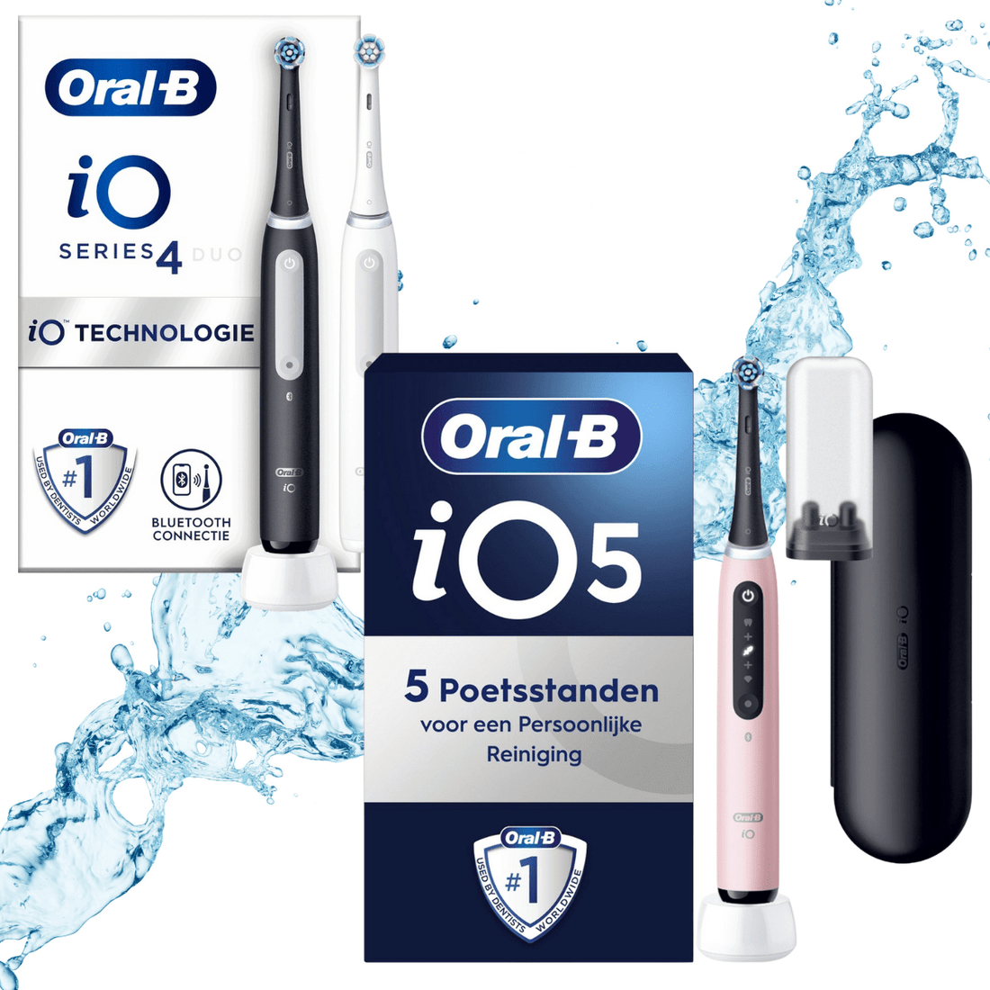 oralb io 4 en 5 tandenborstels naast elkaar met verpakking 