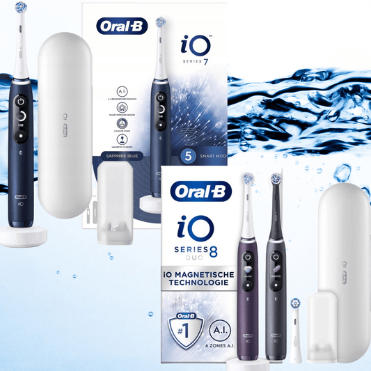 verpakking oral-b io 7 en io 8 naast elkaar met tandenborstels