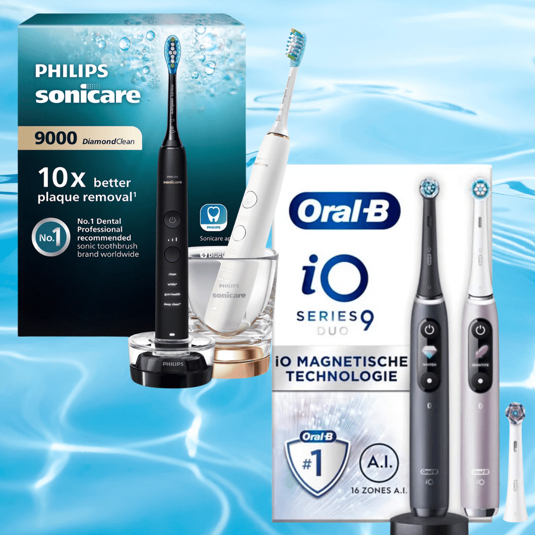 oral b io en philips sonicare diamondclean tandenborstels naast elkaar